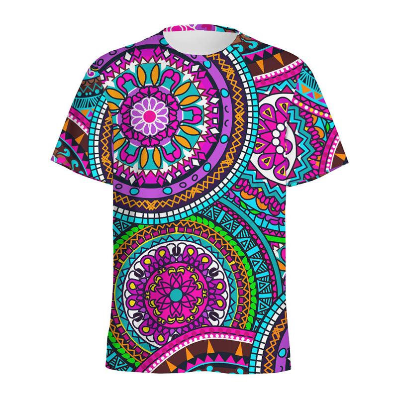 Retro Flower Mandala Pattern T-shirt Men Summer 3D Printed Ethnic Floral T Shirt Women Round Neck Short Sleeve Street Loose Tees