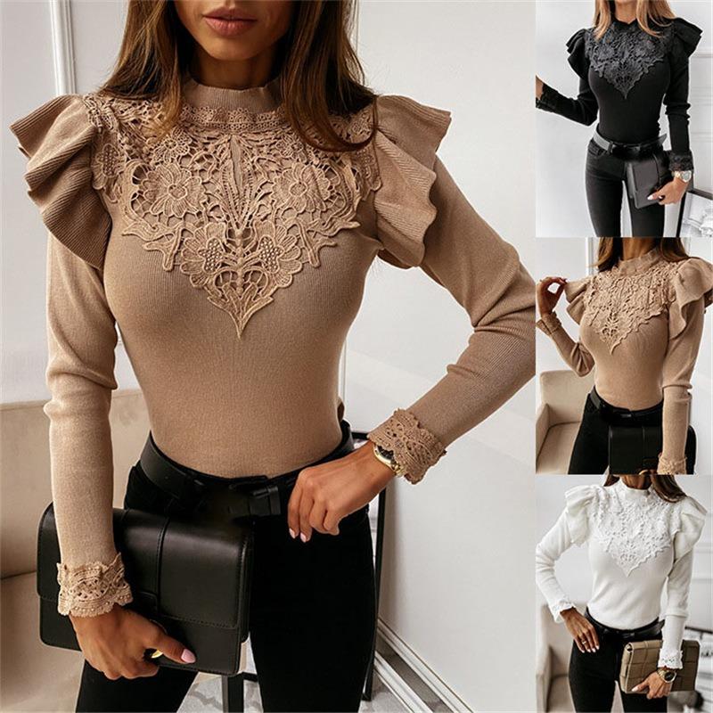 Women's New Autumn and Winter Long-sleeved Round Neck Lace Decoration Solid Colour Bottoming Shirt