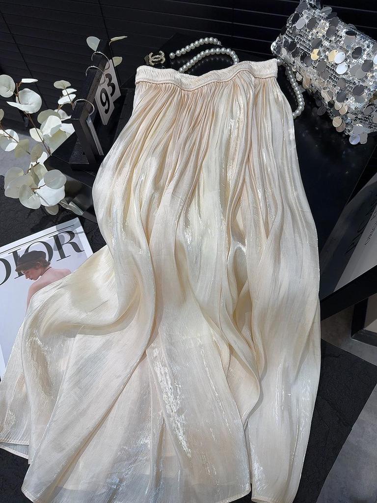 High-Waisted Retro Pleated A-Line Chiffon Skirt with Pearlescent Sheen
