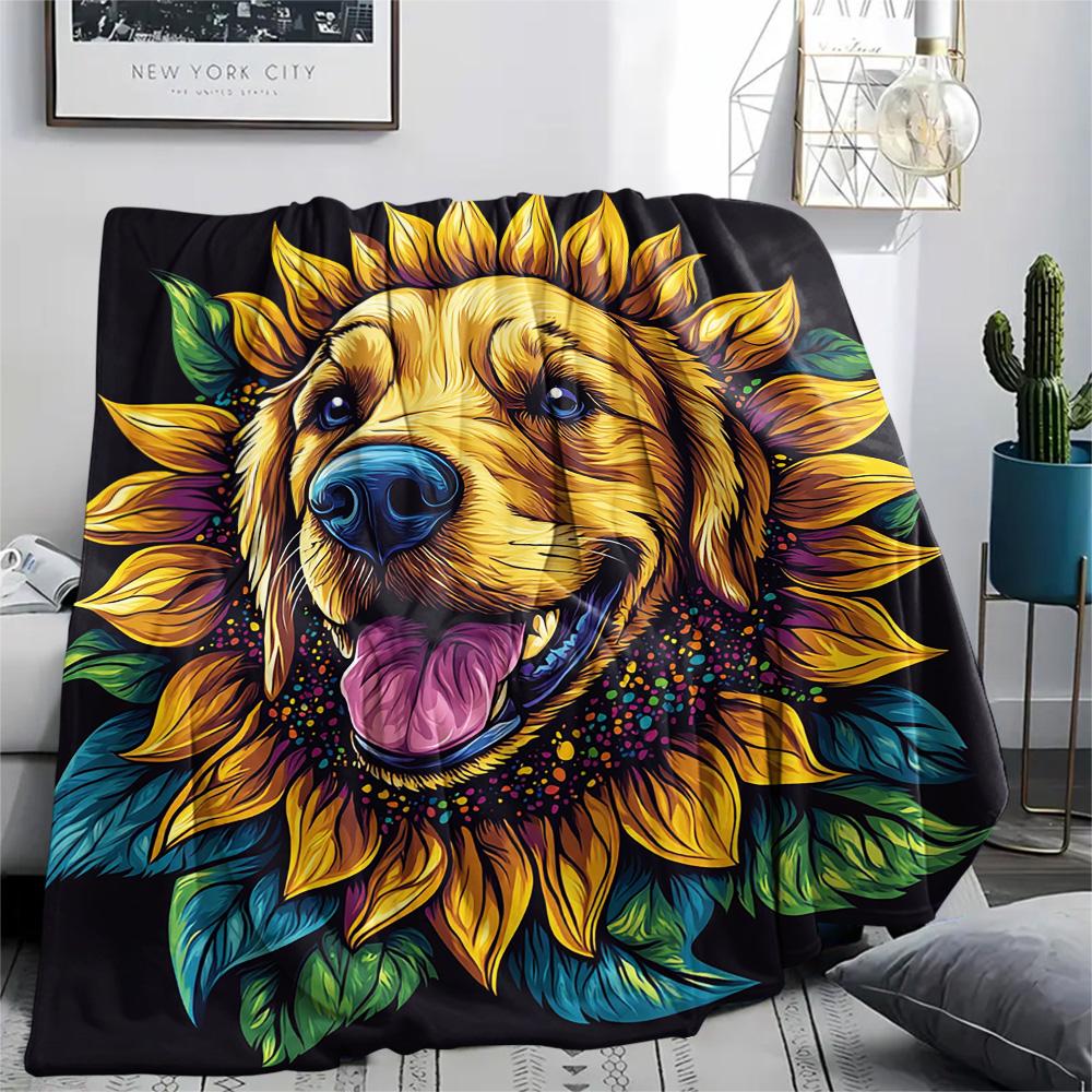 Sunflower Dog Print Flannel Blanket, High quality Comfortable for All Seasons, Home Decor, Warmth and Comfort, Perfect for Christmas Gifts