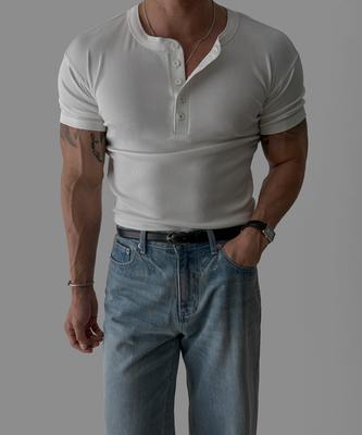Baulopeulodeogteu Tencel Ribbed Henley Neck Muscle Short Sleeve T-Shirt [Ivory]