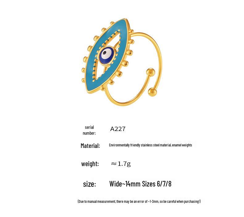 Qiong Yao Demon Eye Enamel Open Ring: 18k Gold-Plated Titanium Steel Adjustable Fashion Accessory
