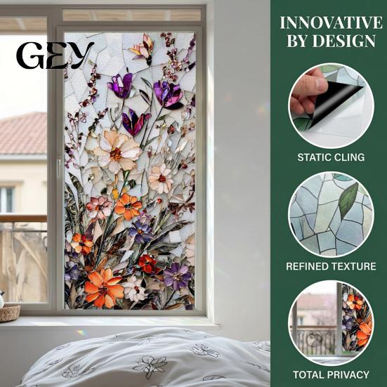 Thermal Insulation Window Decal Stained Glass Privacy Film, Flower Wall Decals, UV Blocking Tearable Sunlight Protection Film Floral Stickers