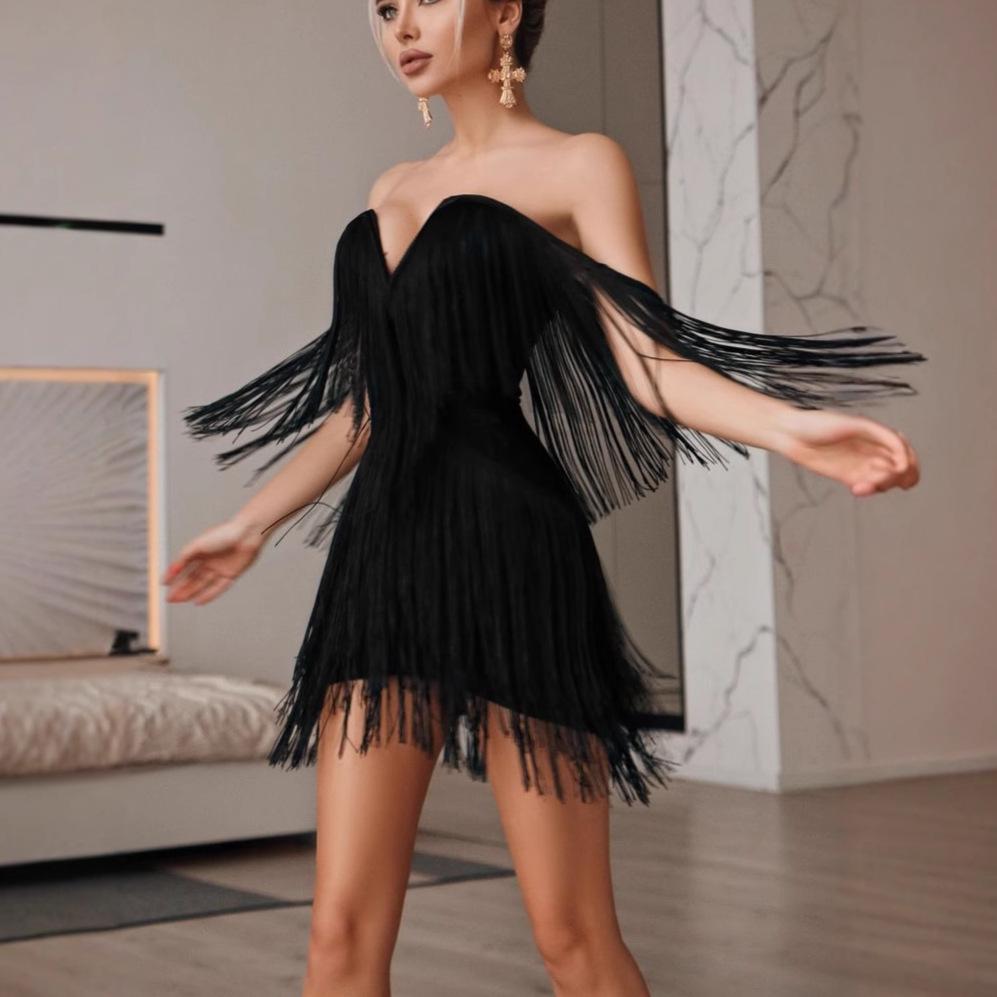 

Sexy Off-Shoulder Tassel Deep V-Neck Slim-Fit Women s Dress Small чорний