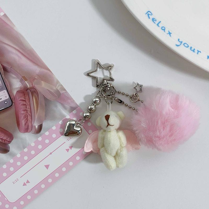 PU Leather Cat Paw Keychain Sweet Pompom Keyring Halloween Faux Mink Fur Little Bat Little Devil Backpack Pendant Plush Keychain