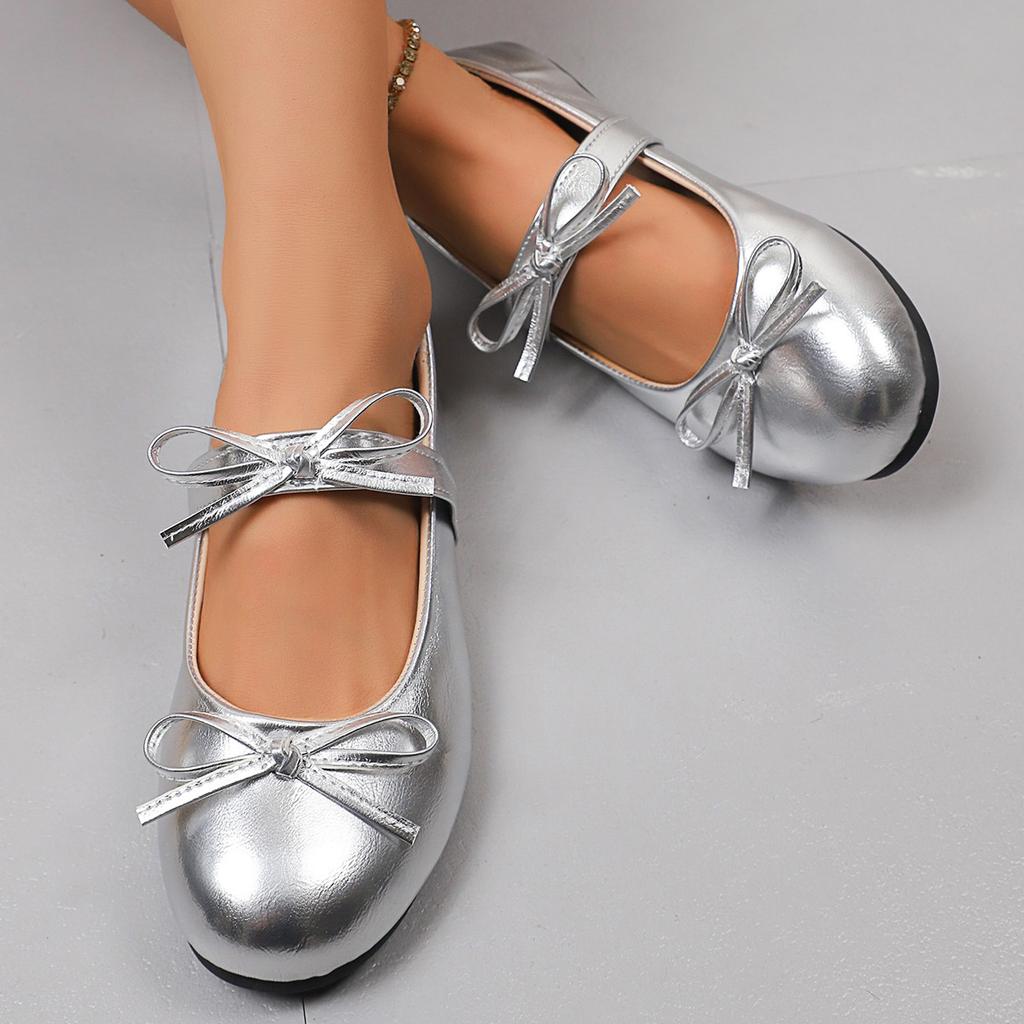 Fashion Silver Bowknot Decor Ballet Flats for Women Spring Summer Comfort Slip On Flat Shoes Woman Lightweight Soft Sole Mary Jane Shoes
