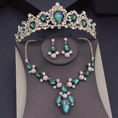 ערכות תכשיטי כתר ירוק לנשים שרשרת קולר כלה סט עגילי שמלת כלה אביזרי תחפושת מצנפות כלה