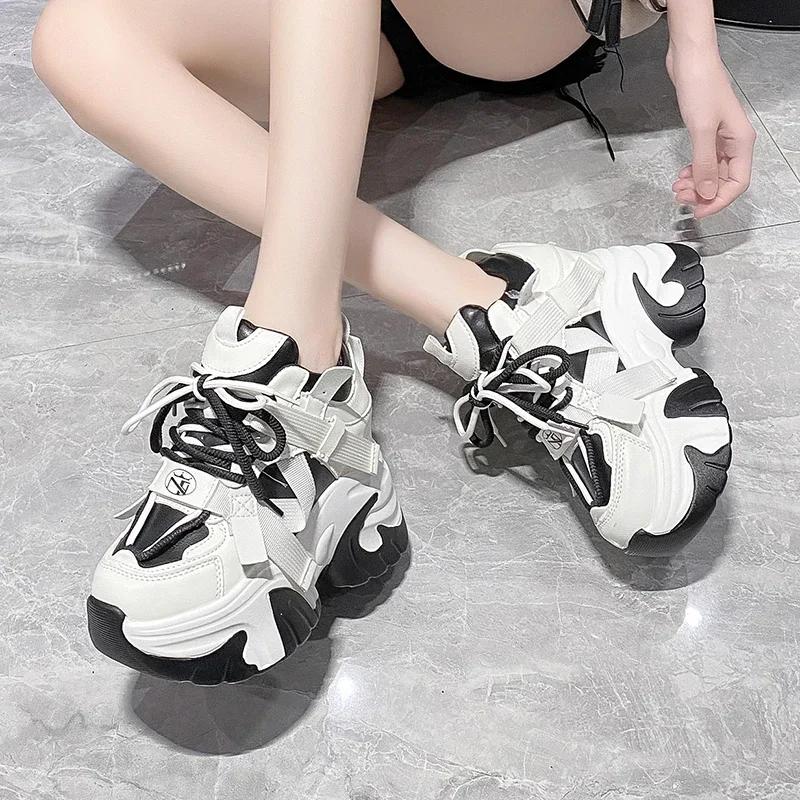 Fashion 10.5CM Women Casual Leather Sneaker Autumn Lace Up High Platform Shoes Thick Sole Sport Dad Shoes Woman Sneakers Chaussure Femme