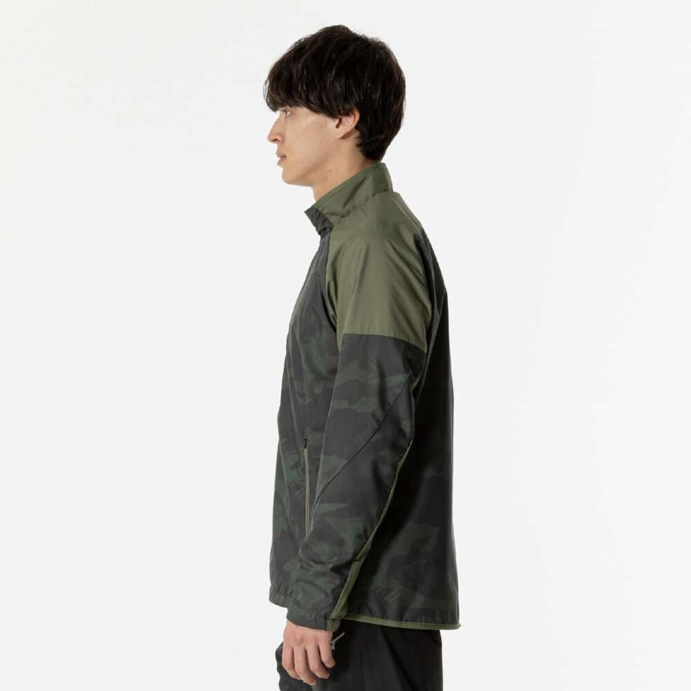 Mizuno Breath Thermo Warmer Training Dark Khaki Jacket, Moisture-Wicking, Heat-Generating, Water-Repellent, Windproof, Brushed, 32MEB541, Men's,