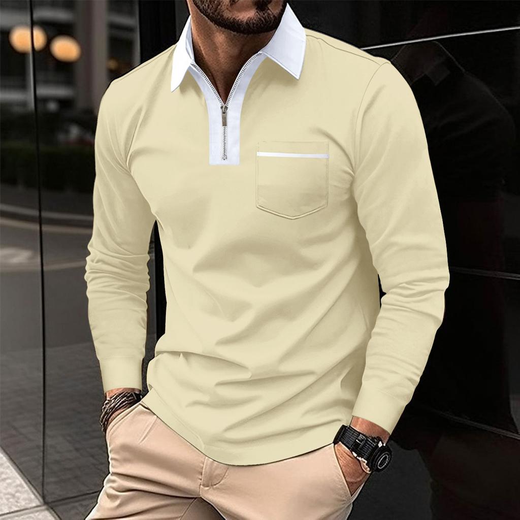 Mens Lapel Fashion Slim Pocket Zip Long Sleeve Men's T-Shirt POLO Shirt Tops