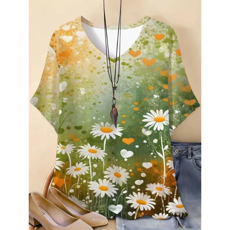 Camiseta de Manga Corta con Cuello Redondo y Estampado Floral 3D para Mujer