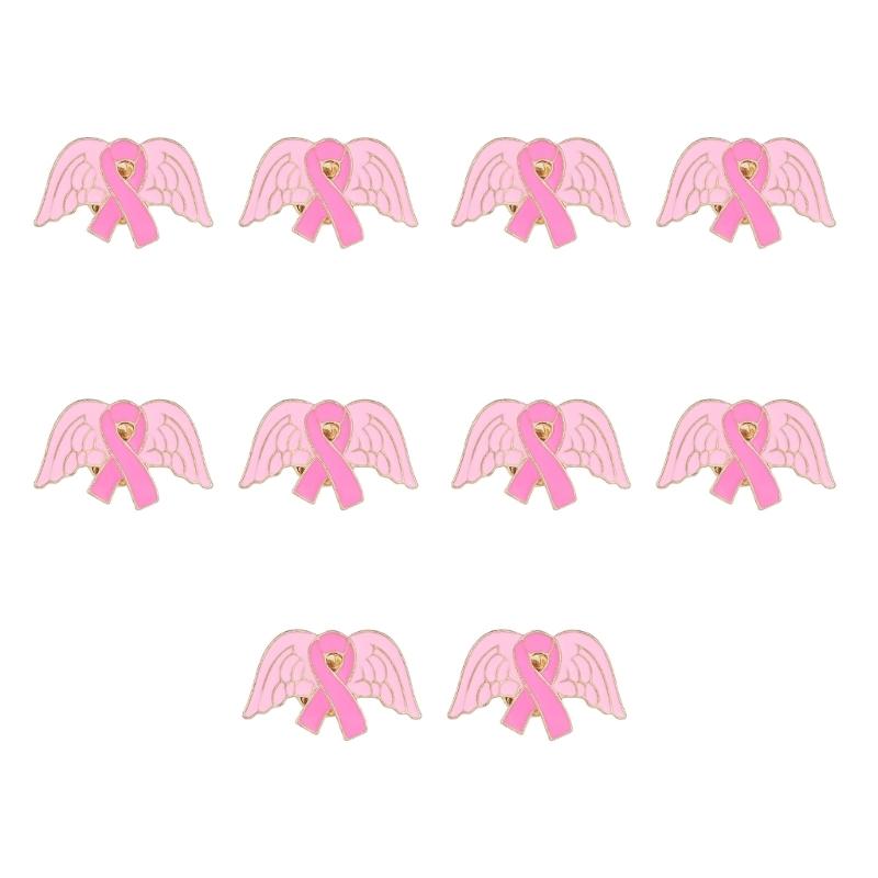 10Pcs Cancer Awareness Brooch Pink Alloy Ribbon Pin Wing Shape Brooches Lapel Pin with Back Clasp For Clothing Dress Bag 1