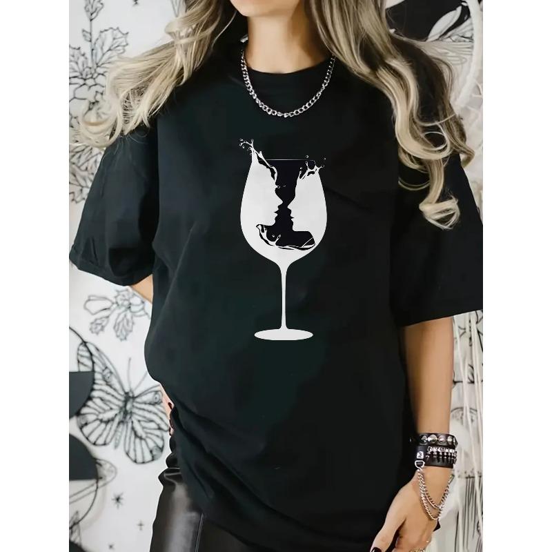 

European sizes Women s Black Graphic Print T-Shirt - High-Stretch Breathable Fabric, Round Neck Short Sleeve with Cartoon Wine 4XL чорний