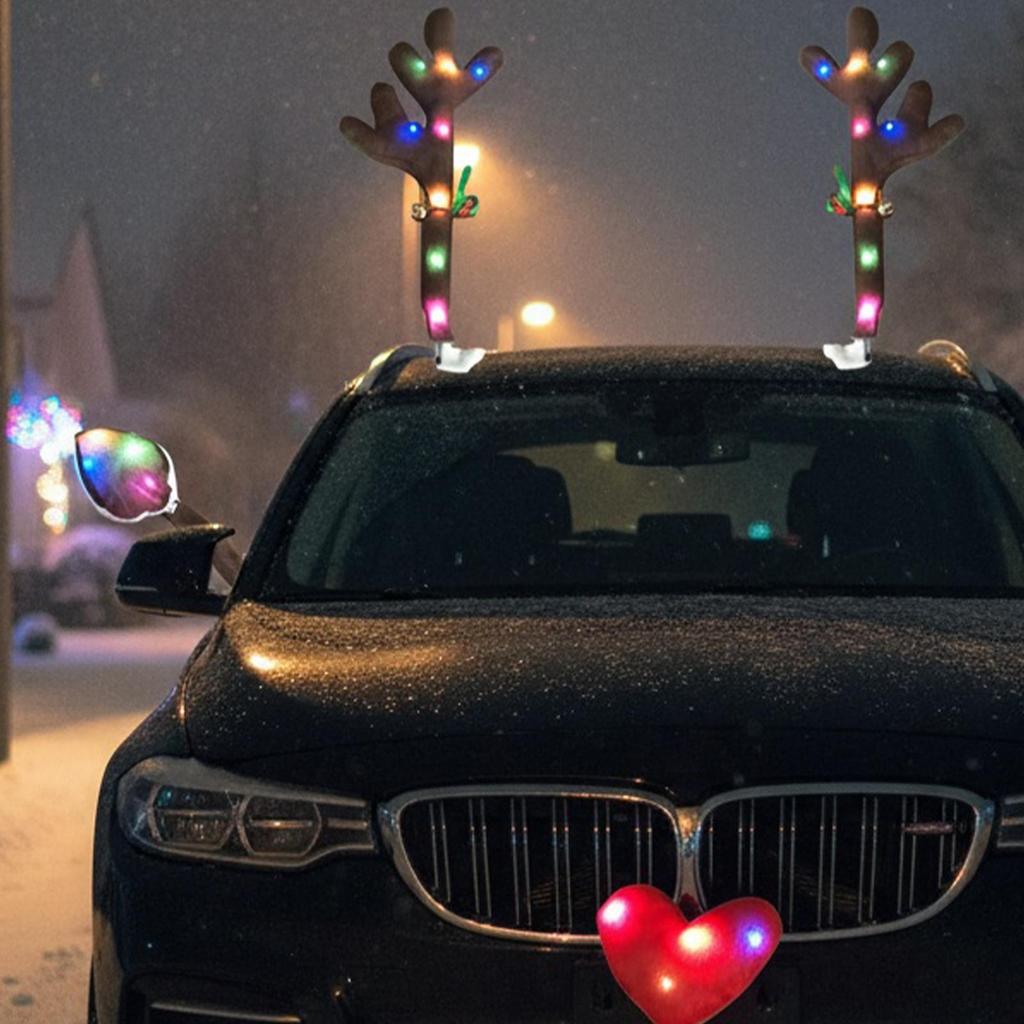 Christmas Reindeer Antlers Car Kit Holiday Decoration With LED Lights Reindeer Car Kit For Holiday Van Party Seasonal