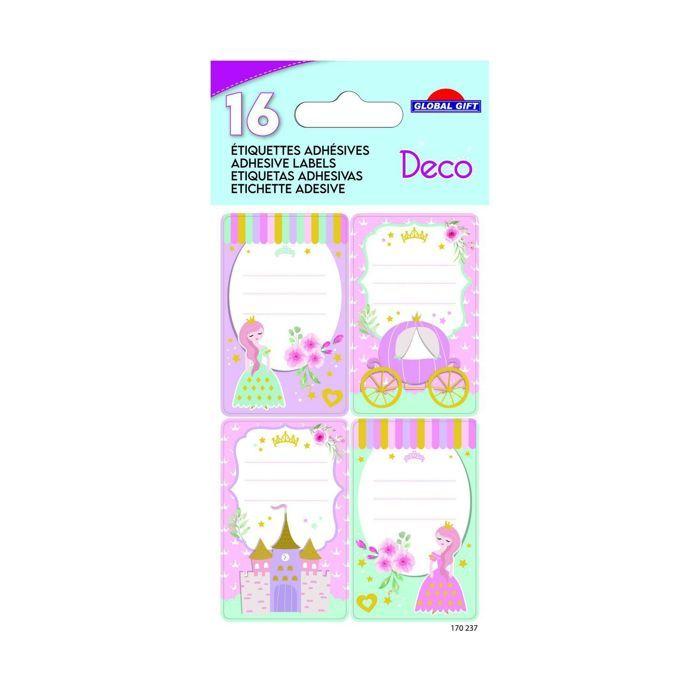 16 étiquettes adhésives scolaires - Rectangle - Princesses - Paillettes
