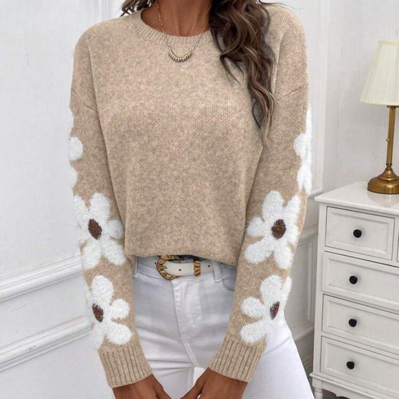 Damenmode Casual Herbst Winter Blumenmuster Druck Langarm O-Ausschnitt Pullover