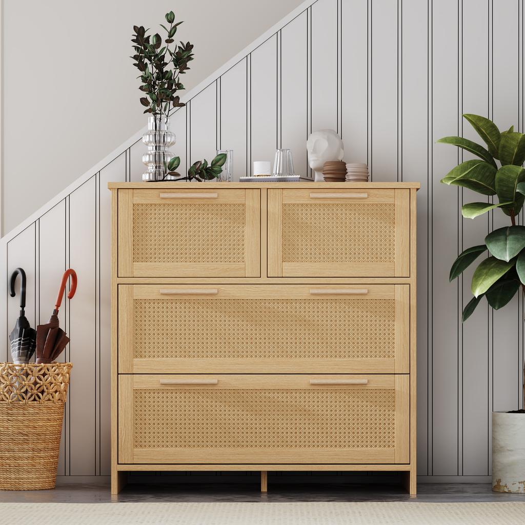 Hochwertiger Rattan-Schrank mit 4 Schubladen und Griffen aus Massivholz - Geeignet für Schlafzimmer, Wohnzimmer, Esszimmer, Flur - Maße: B80/H80/T38 cm