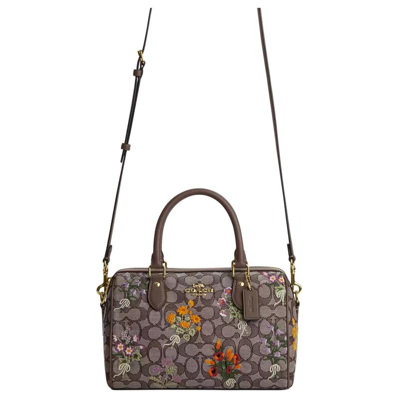 Coach Borsa Boston ricamata floreale Rowan 25 tessuto jacquard e pelle borsa a mano media da donna colore quercia