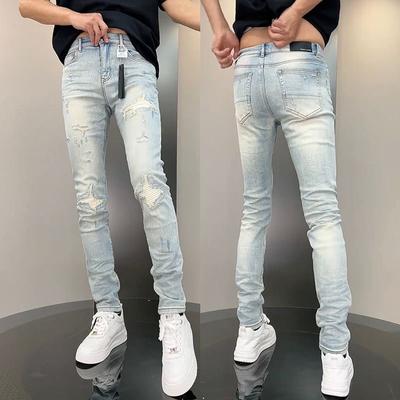 Classic Patchwork   Slim Fit Stretch Hip Hop Clothing  Man Light Blue Stretch Ripped Denim Pants Plus Size