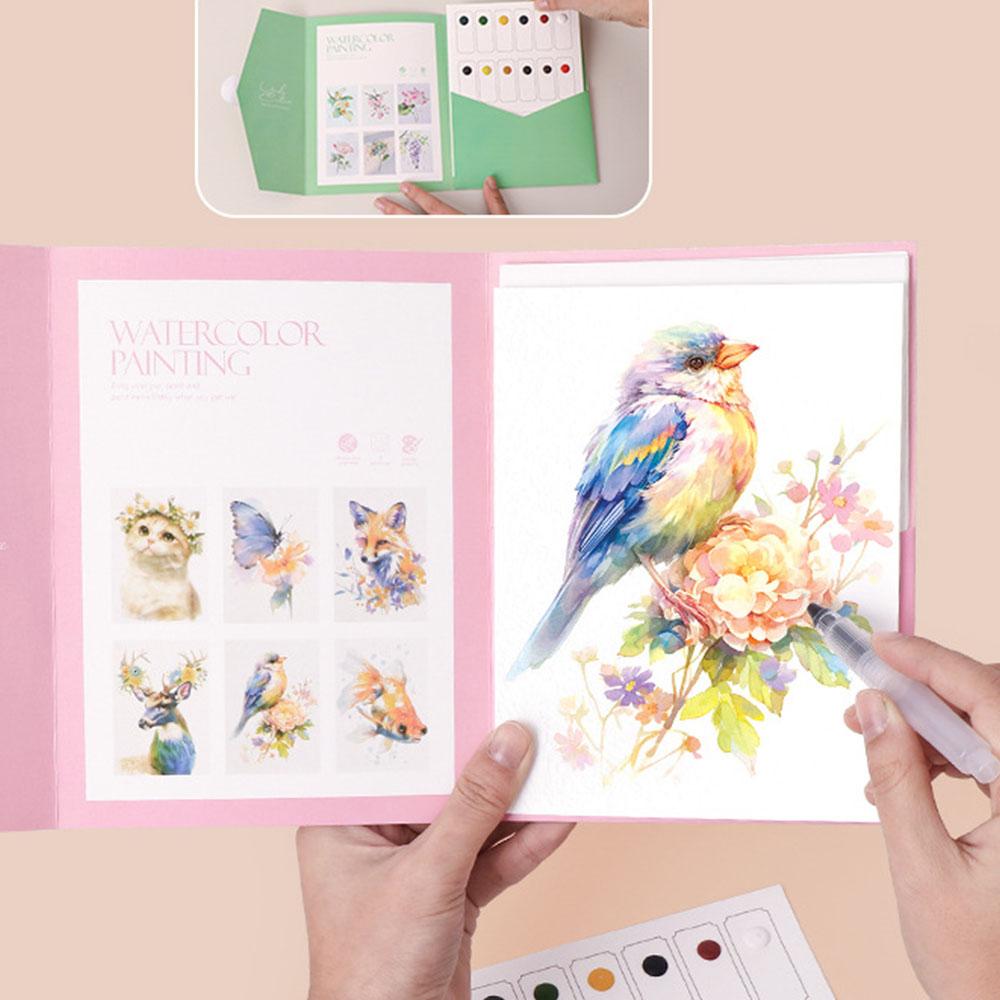 Watercolor Coloring Book Kit Pre Printed Papers for Draw Beginners Adults Stress Relief Anxiety Reduction Art Therapy Craft Set
