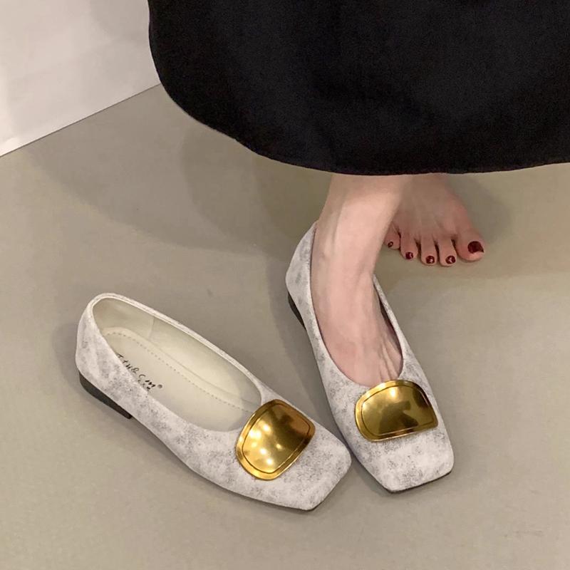 Fashion SUOJIALUN 2025 Autumn New Brand Women Flat Shoes Fashion Gold Buckle Square Toe Shallow Slip On Boat Shoes Flat Heel Single Shoe