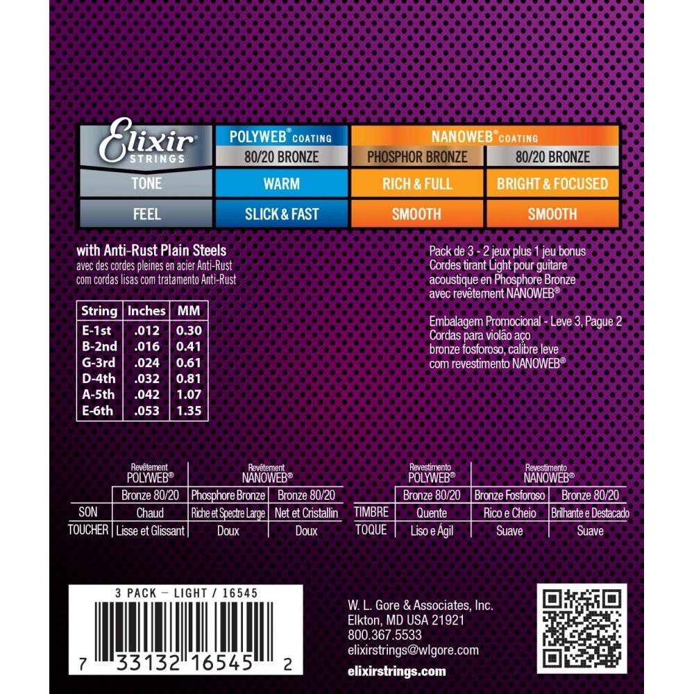 Corzi Elixir Chitară Acustică 2 Seturi + 1 Set Bonus NANOWEB Bronz Fosforos Light .012-.053 #16545 (16052 Set de 3)