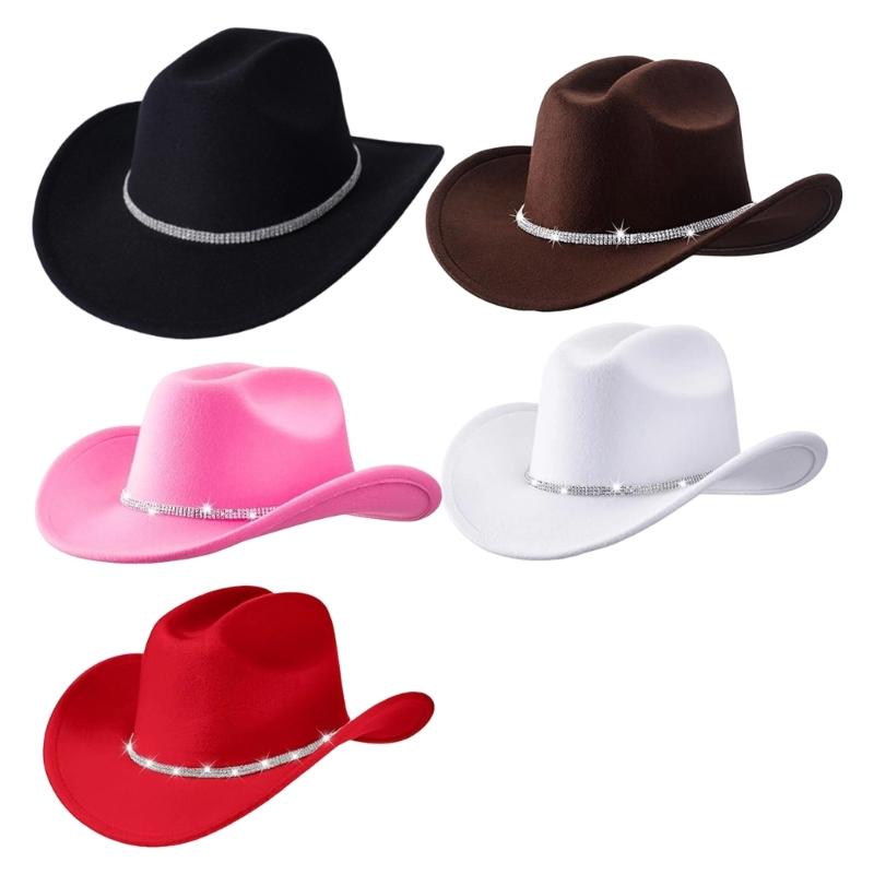 Unisex Cowgirl Hats with Triple Rhinestones Decors Soft Acrylic Fabric Camping Concerts Daily Use Costume Accessory