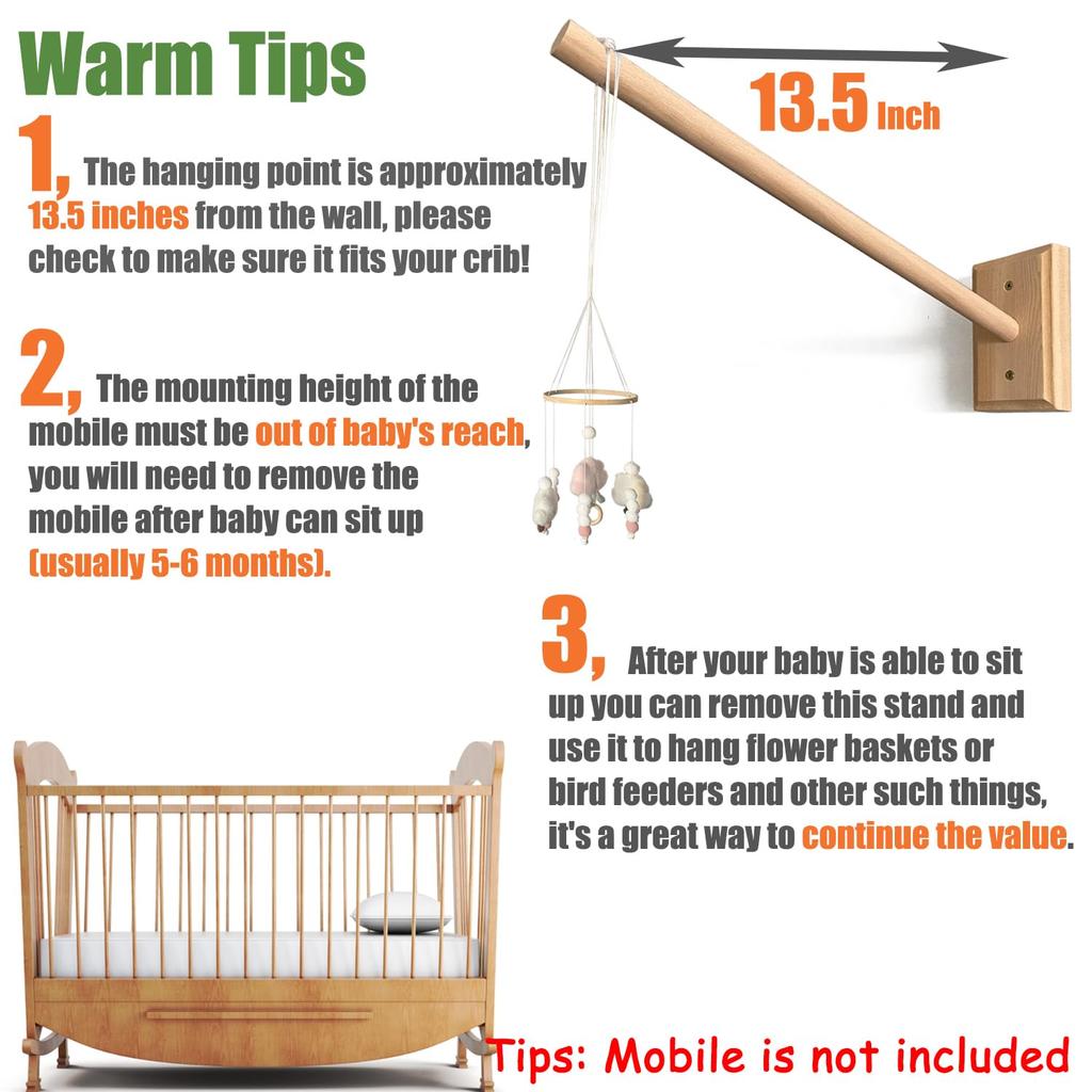 Crib Mobile Wooden Arm, Wall Mounted Suitable for All Cribs 100% Natural Larch Hanger Nusery Decor Baby Room Safe Holder(Mobile is not Included