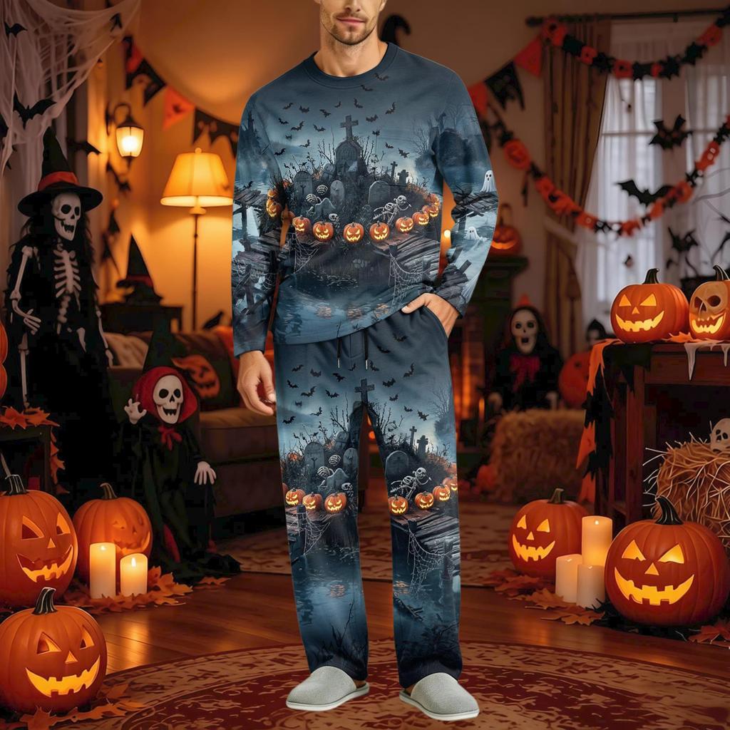 Men's Halloween Pajama Set Long Sleeve Long Pants with Crotch Buttons and Elastic Drawstring Waist