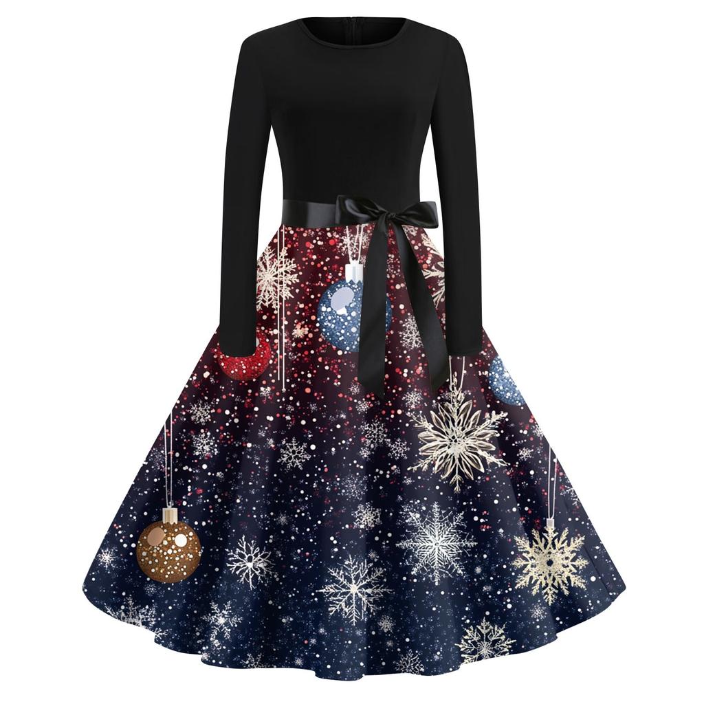 Damenmode Rundhalsausschnitt Lässig Schlank Weihnachten Bedruckte Langarmkleider