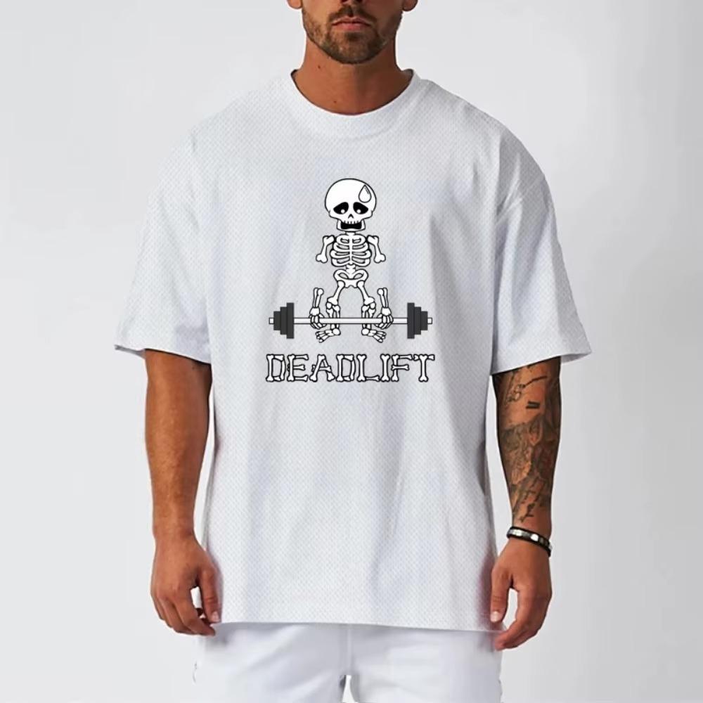 Human Skeleton Deadlift Barbell Gym Clothing Men Fitness Oversized Loose T-Shirt Mesh Quick Dry Short Sleeved Bodybuilding Shirt