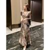 Retro Printed Dress Women's New Slim-fitting Hip Skirt Temperament Horn Sleeve A-shaped Long Dress
