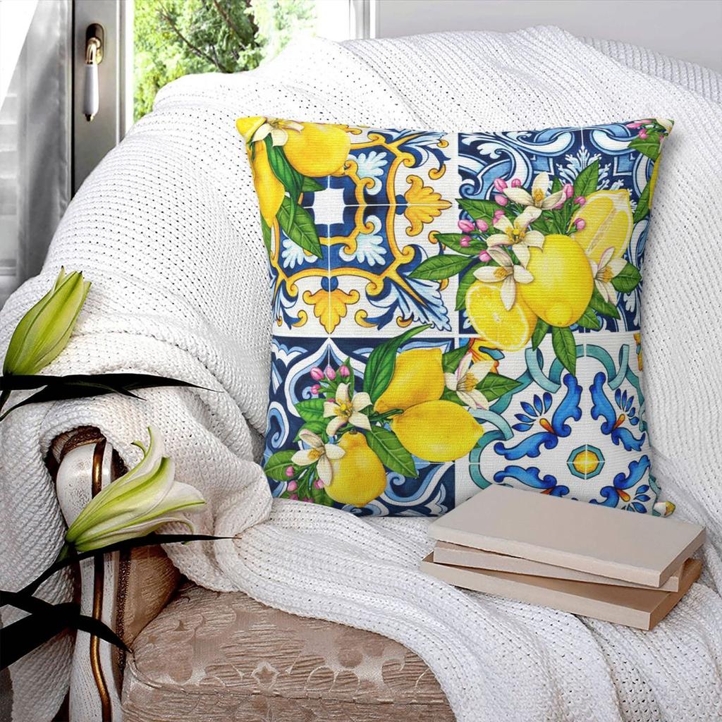 Bright Mediterranean Sicilian Tiles With Citrus Lemons Square Pillowcase Pillow Cover Cushion Comfort Throw Pillow for Home Car