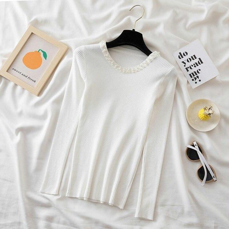 

2023 Осенний свитер, зимняя мода, женский тонкий пуловер с круглым вырезом и длинным рукавом, нижние свитера, офисный вязаный верх, трикотаж 28743 One Size белый