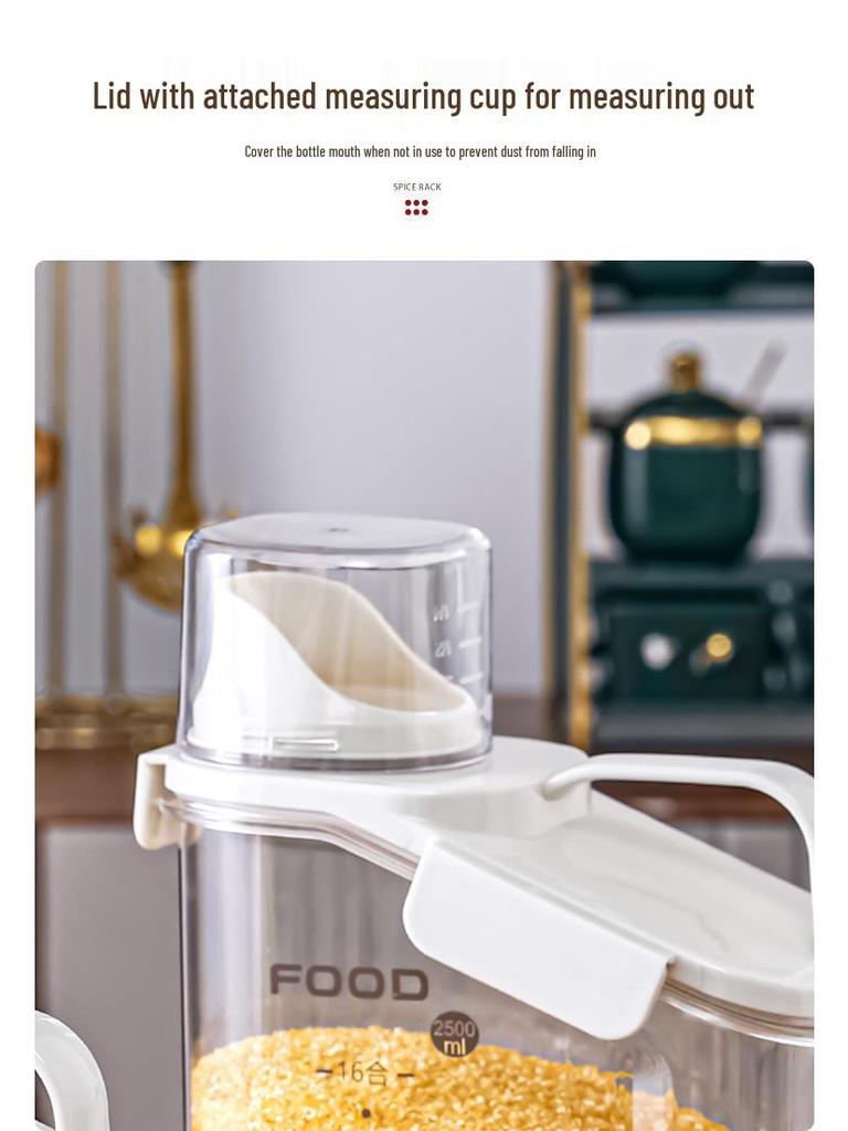 Transparent Portable Sealed Container with Measuring Cup for Grain, Cereal, Rice, Cat Food - Moisture & Insect Proof Kitchen Storage.