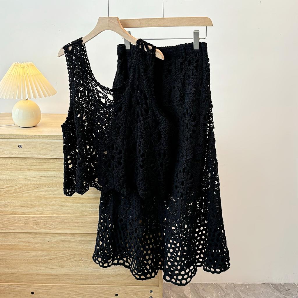 Dimanaf 2025 New Skirt Suit Women Lace Knitting Hollow Out Sexy O-Neck Hollow Summer Style Tops Tees Loose Basic