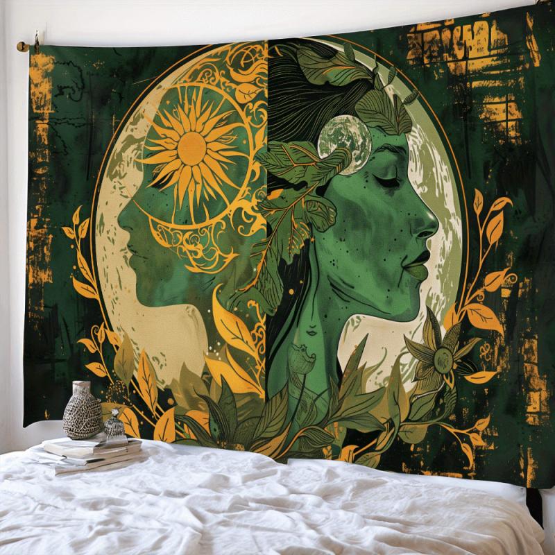 VIKAMA Sun Moon Goddess Tapestry Bohemian Green Flower Style Wall Tapestry Bedroom Living Room Aesthetics Home Decoration