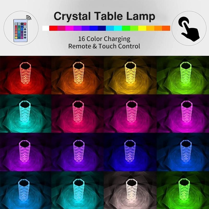 Lâmpada de mesa de cristal led rosa luz projetor 3/16 cores toque ajustável romântico diamante atmosfera luz usb toque luz da noite
