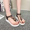 2025 Casual Fashion Wooden Bead Buckle Rhinestone Flat Sandals Pinch Feet Seaside Beach Flip-flops Large Size Women's Shoes