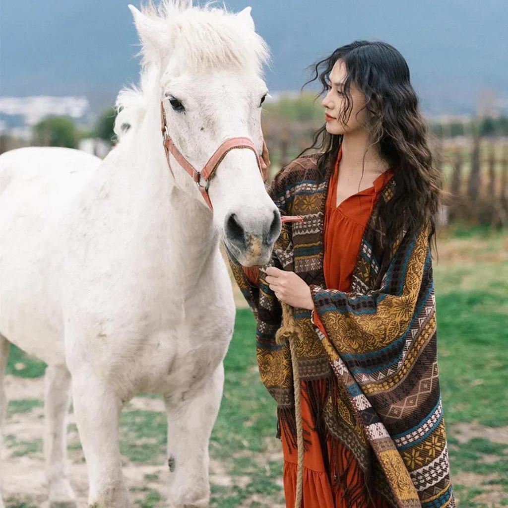 Ethnic Striped Cape: TikTok Trending Versatile Travel Shawl from Tibet & Yunnan - Warm & Stylish