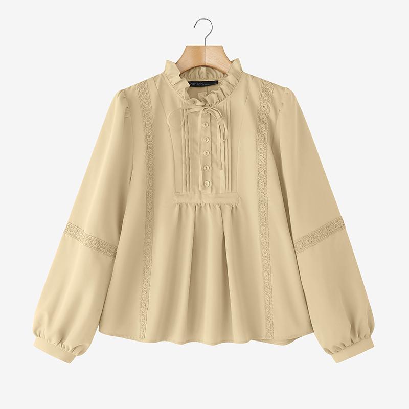 ZANZEA Women Casual Round Neck Long Sleeve Lace Patchwork Loose Blouse