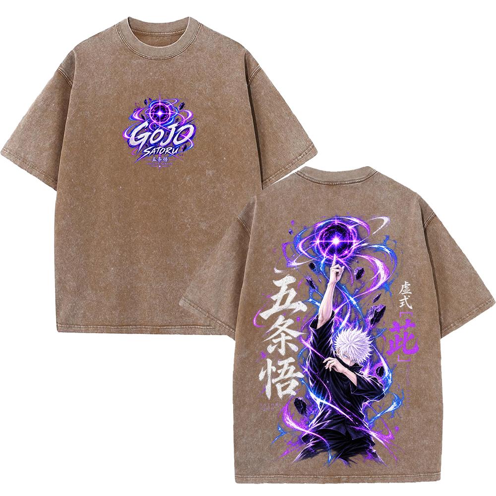 Jujutsu Kaisen Anime T-shirt Satoru Gojo Vintage Washed Oversized T Shirt Short Sleeve 100% Cotton Tees Tops Men Women Clothing