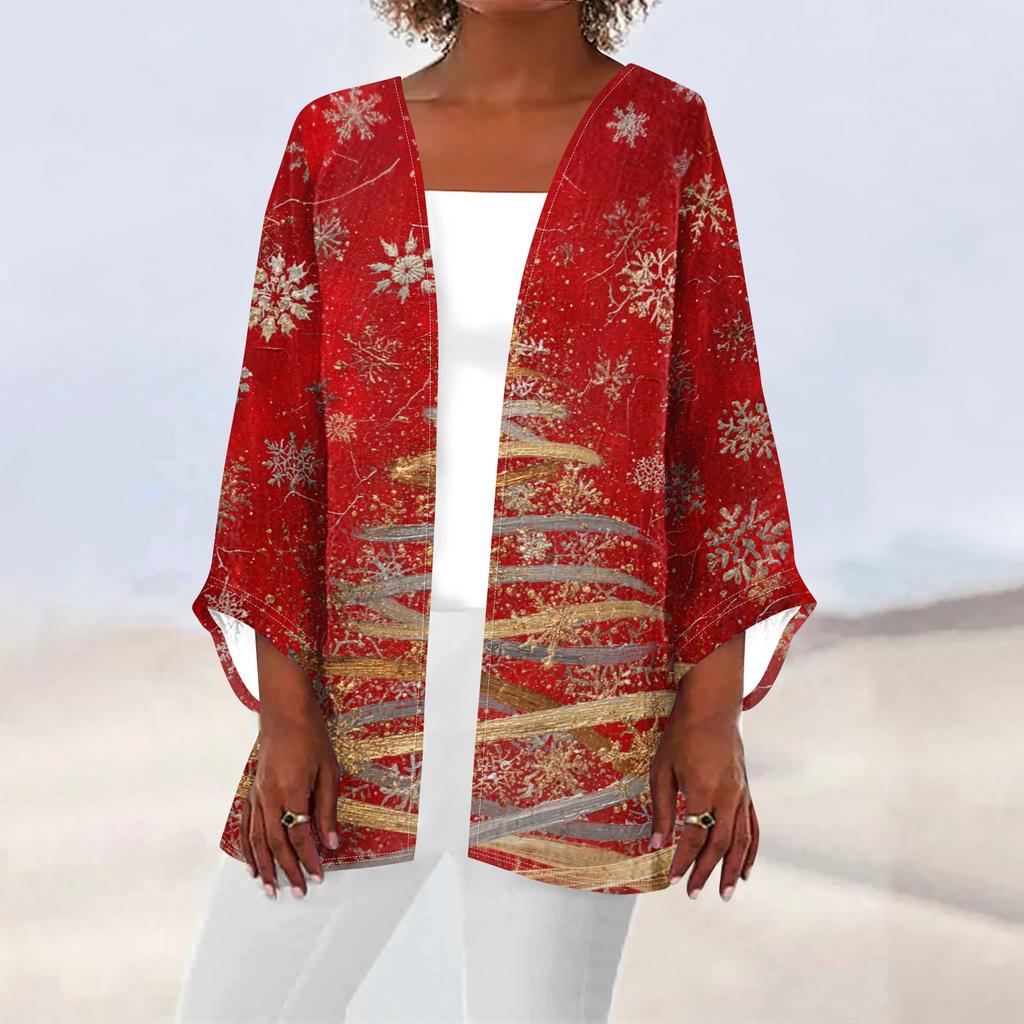 Women's Casual And Fashionable Christmas Printed Lightweight Mid Length Jacket Cardigan