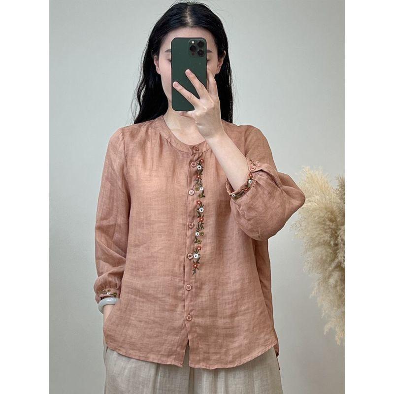 Cotton and Linen Shirt Women's Round Neck Embroidery Casual All-match Loose Summer Breathable Long-sleeved Shirt Women