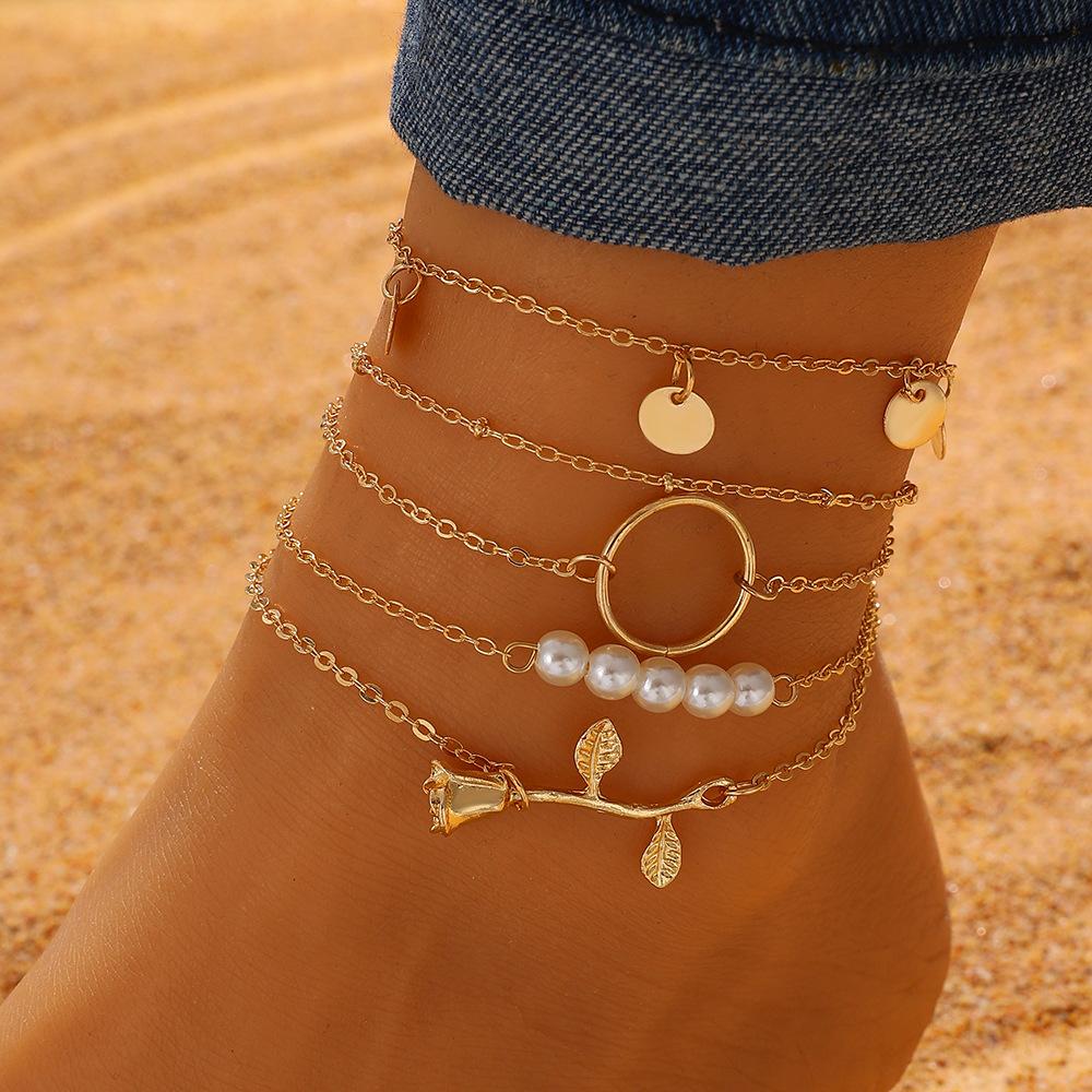 

Bohemian Summer Beach Anklet Set For Women Gold Color Chain On Leg Leaf Heart Pineapple Rose Charm Ankle Bracelet Female Jewelry
