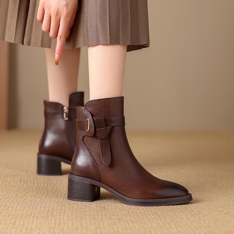 2024 New Women Genuine Leather Ankle Boots Round Toe Square Heeled Mature Shoes Woman Autumn Winter Office Lady Chelsea Boots