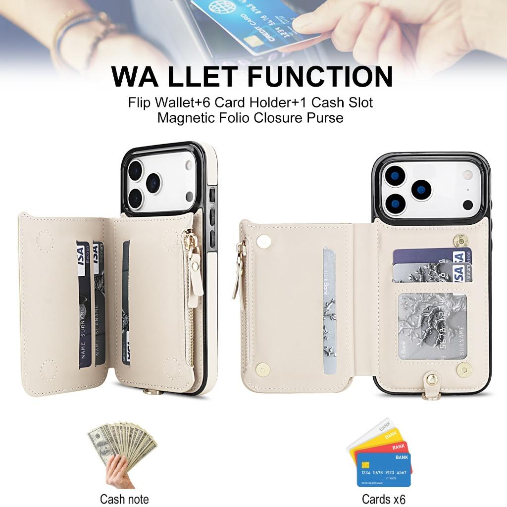 Crossbody Leather Wallet Phone Case For iPhone 17 Pro Max Air 17e 16e 15 14 Plus 13 12 Mini 11 Card Holder Wrist Strap Cover