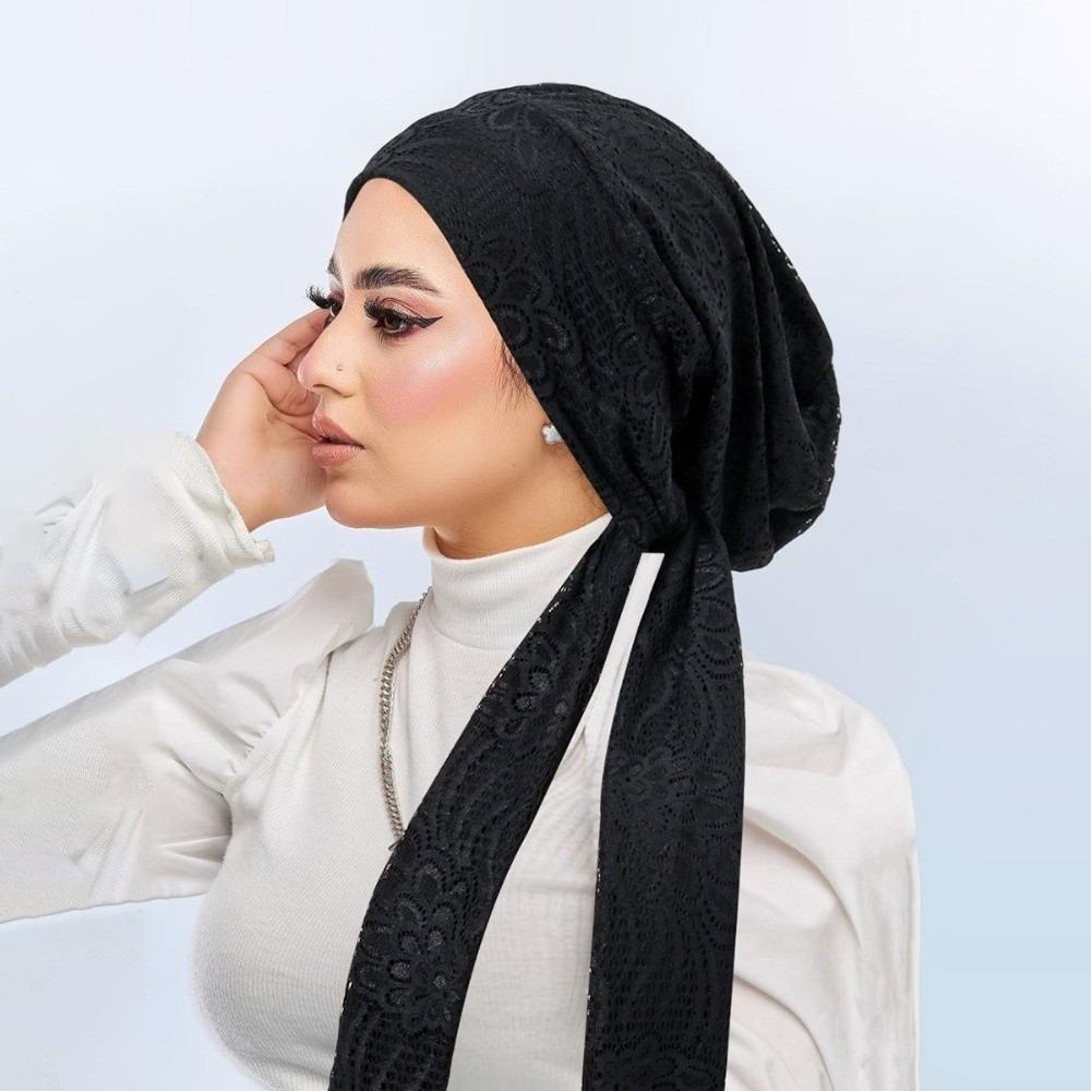 Double Layered Lace Women Hijabs Headscarf Underscarf Muslim Turban Hats Islamic Hair Loss Cap Soft Stretch Lady Bandana Caps чёрный