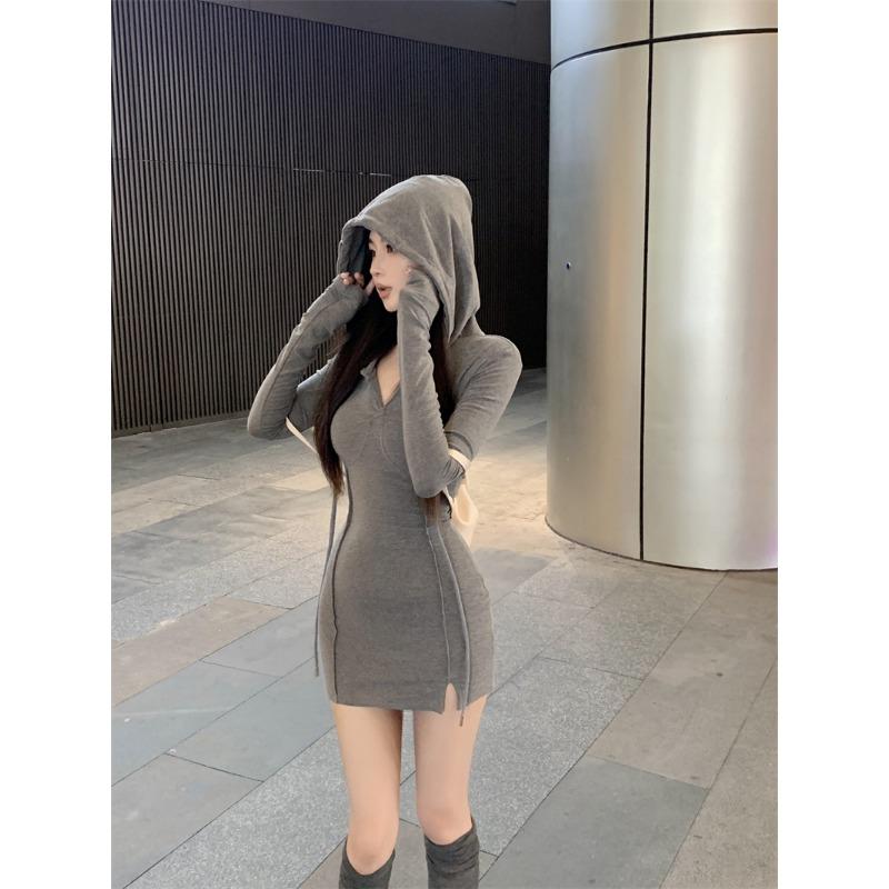 Frühling Herbst Einfarbig Sexy Mode Slim Bodycon Mini Sweatshirt Kleid Damen Langarm Kapuze Schlitz Robe Vestidos