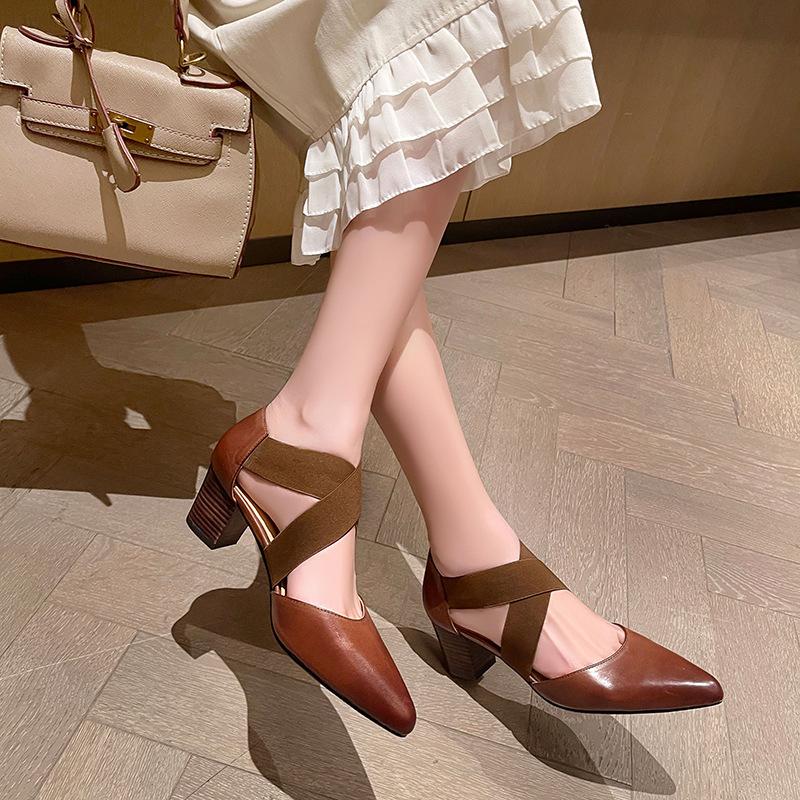 ~ Vintage Ballet~ 2025 Spring/Summer Instep Cross Elastic Band Thick Heel Women's Sandals Elegant Hollow High Heels Sandals
